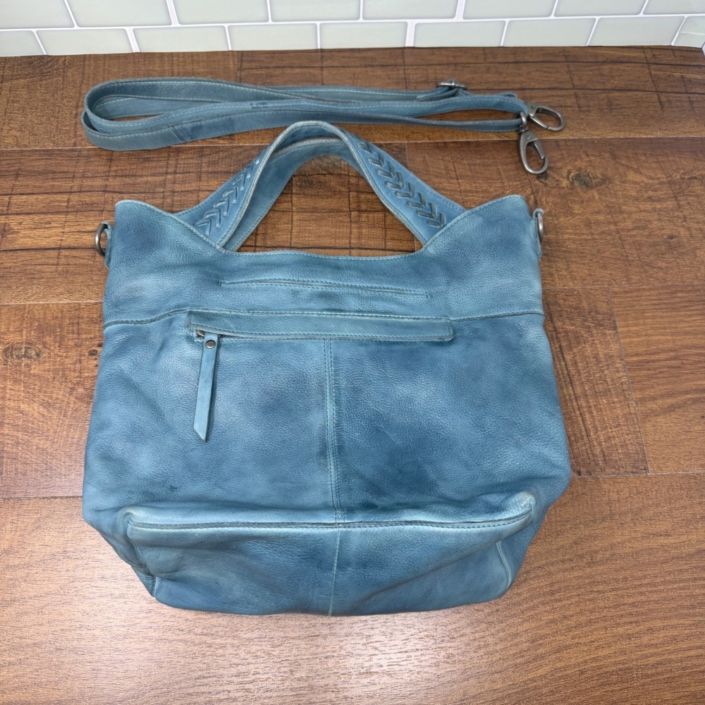 Latico Mason Slate Blue Leather Crossbody Tote Bag Leather Stitch Handles